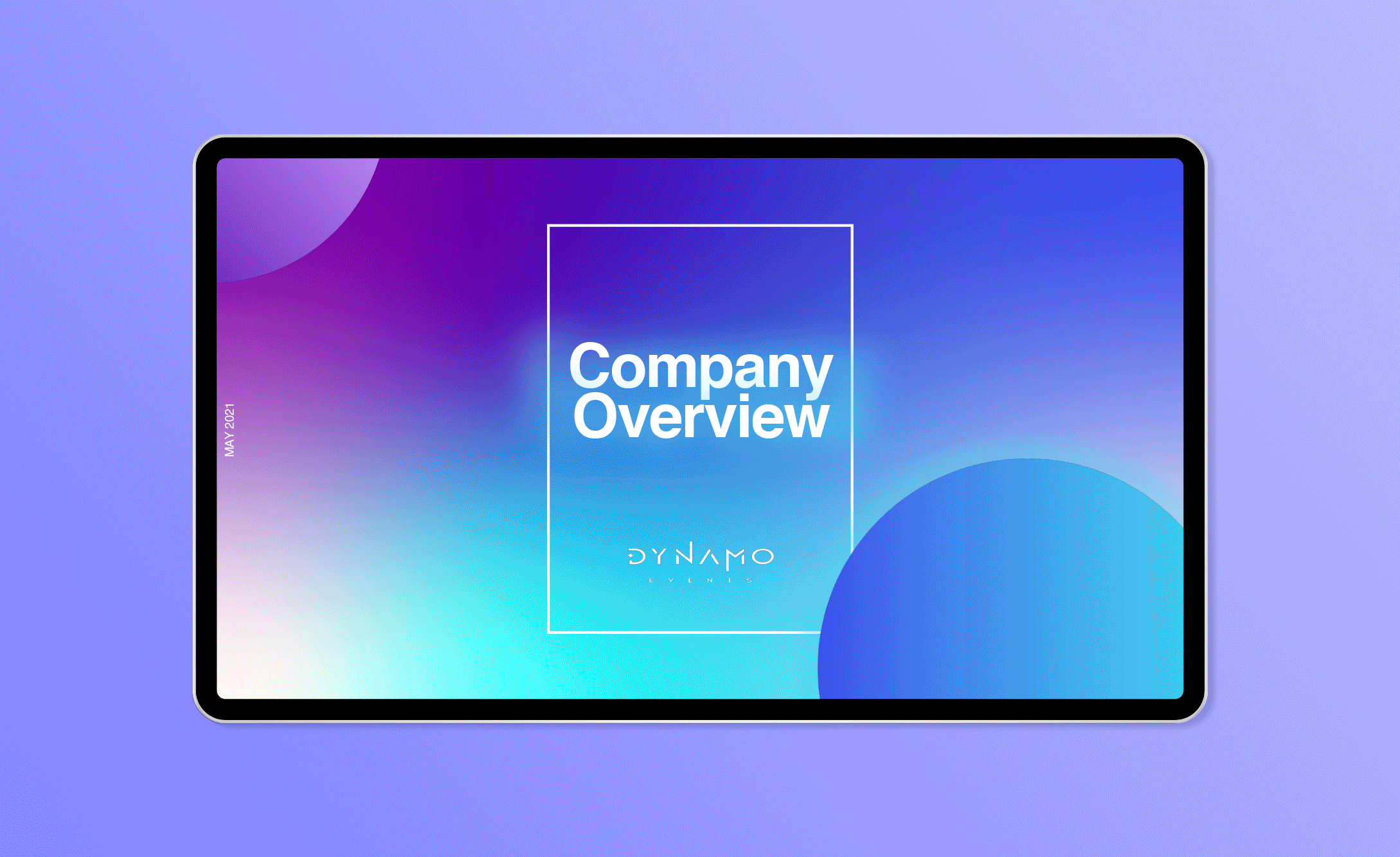 A tablet screen displays a slide titled "Company Overview" from the Dynamo overview deck, featuring the Dynamo logo on a gradient blue and purple background.