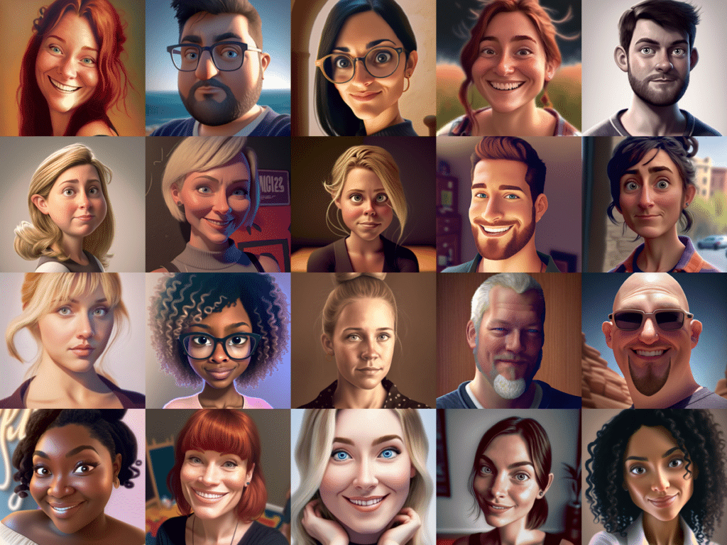 Portraits of the SketchDeck team as Pixar Characters created using Midjourney, a leading AI graphic design software.