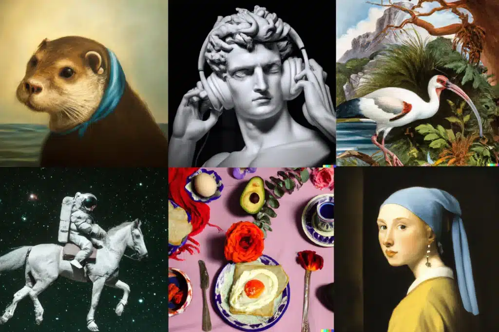 Six images (portrait of an otter, roman statue with headphones, tropical bird in landscape, astronaut riding a horse, colorful breakfast still life, and recreation of "Girl With a Pearl Earring" by Vermeer) designed by DALLE-2, a popular A.I. graphic design software.