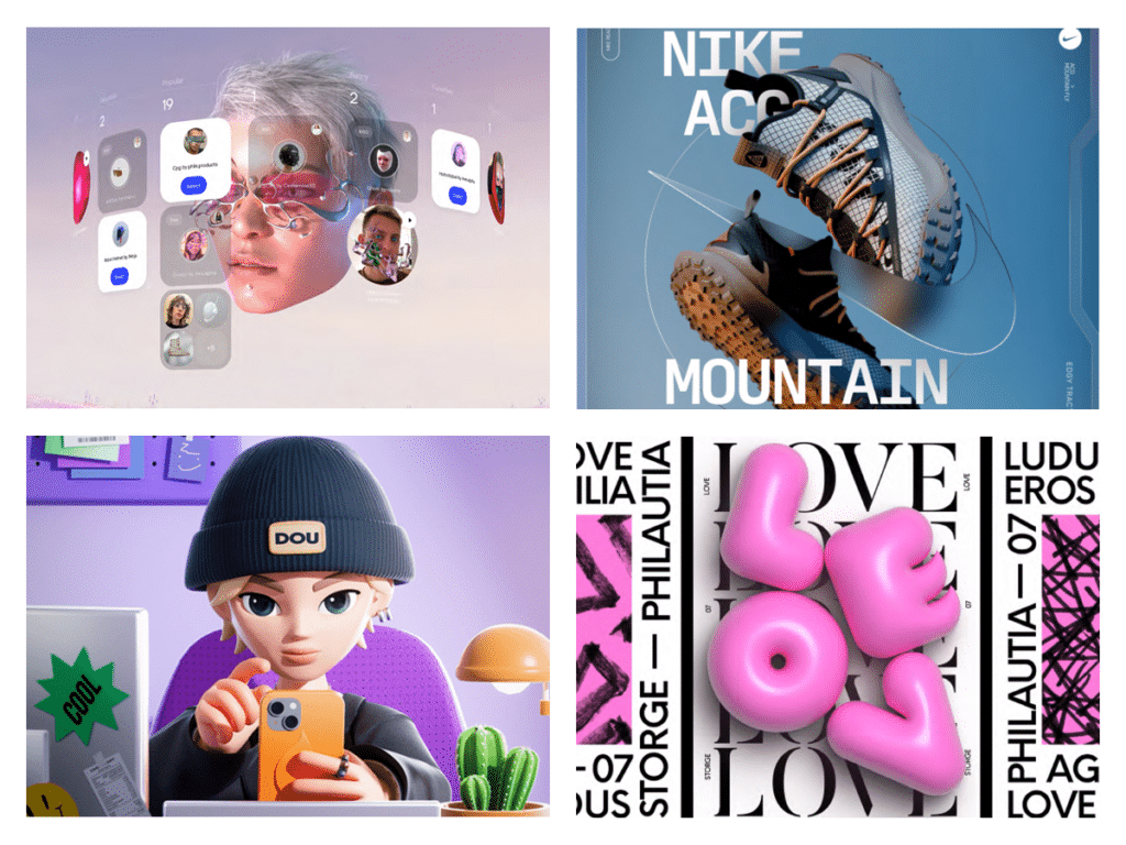 4 examples of 3D design including a futuristic human face scanning through screens, realistic Nike sneakers, a 3D teenage avatar scrolling on their phone, and 3D pink balloons that spell "LOVE".