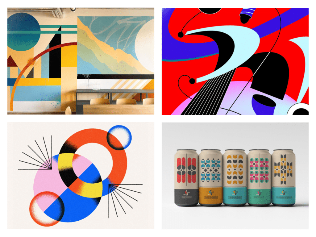 Examples of abstract art in design, including abstract wall art in an office interior, two abstract art illustrations, and abstract art used for packaging design on soda cans.