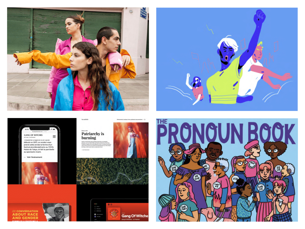 Examples of activism in design including an image of young people wearing colorful outfits and leaning on each other, an illutsration of protesters raising their fists, an example of a feminist website, and an illustrated book called "the pronoun book".