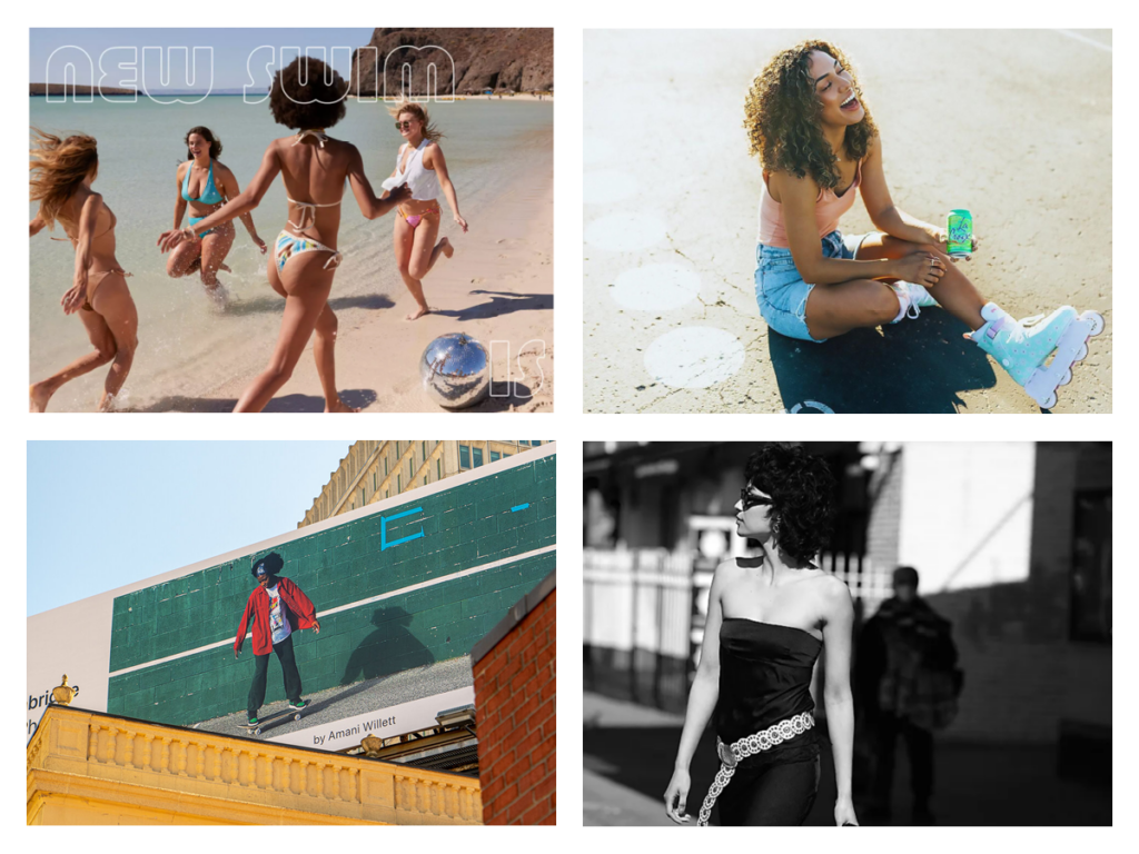 Examples of authentic photography including girls playing on a beach, a roller skater relaxing with a La Croix, Apple's "shot on iPhone" billboard featuring a skateboarder, and a black-and-white Free People product image of a woman crossing the street.