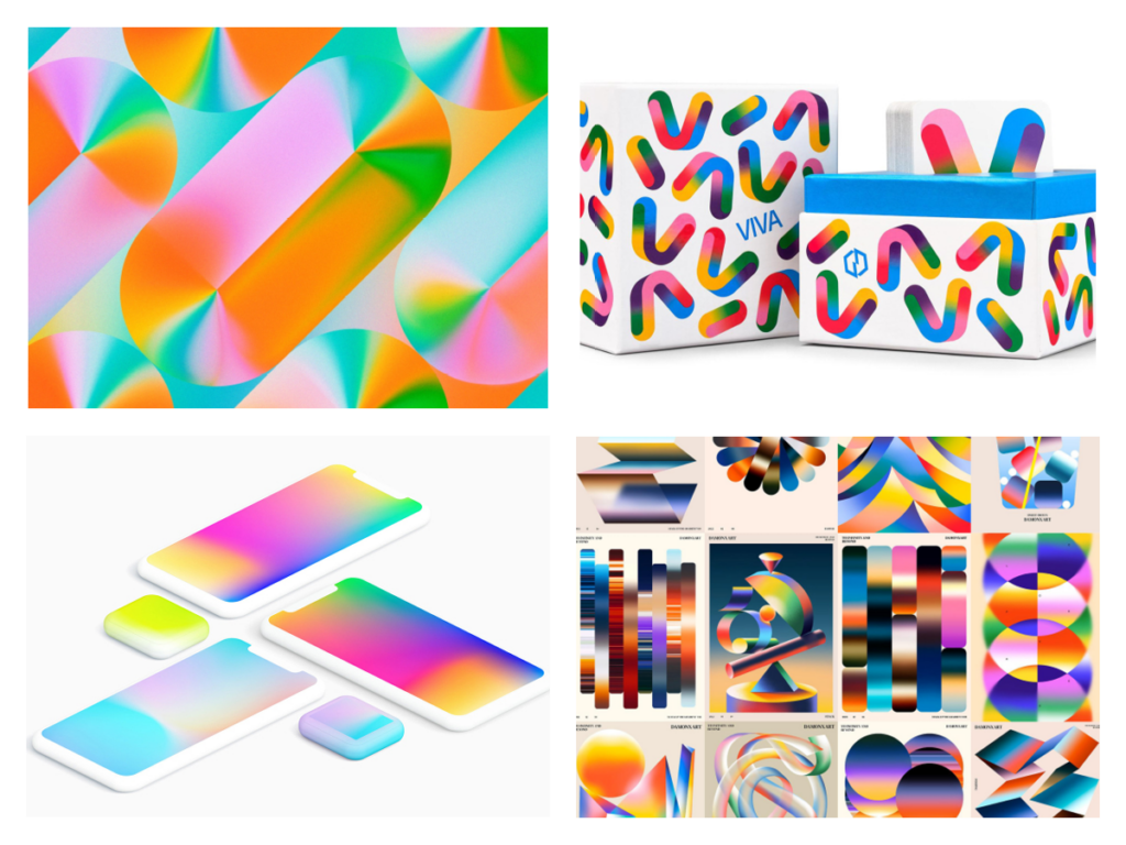 4 examples of bold, colorful gradients in design, including examples of bold gradients in illustration, packaging, and on apple devices.