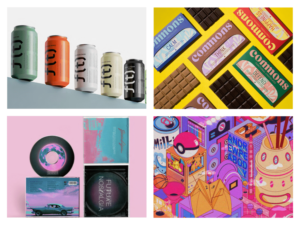 4 examples of nostalgic graphic design, including a series of soda cans in retro colors, retro-inspired chocolate bar packaging, 80's-inspired album art, and a 90'-inspired illustration in bright colors including a poké-ball.