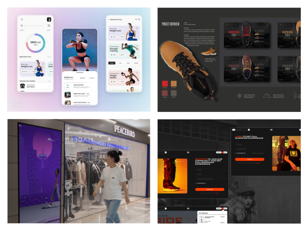 Examples of interactive design including a fitness app, a mall advertisement that turns passerbys into animated characters, and shoe design websites.