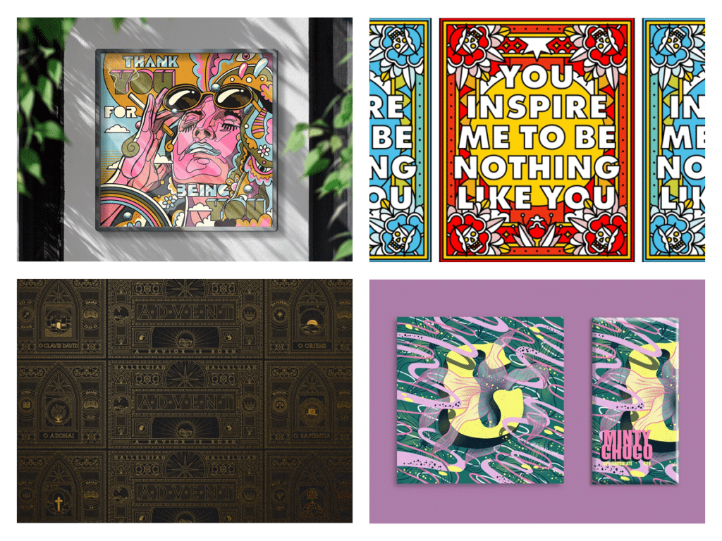 4 examples of maximalist design including two colorful, intricate illustrations, an art-deco inspired pattern, and trippy, colorful packaging.