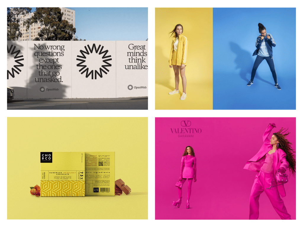 Example of monochromatic designs including Open Web black and white billboards, Adidas adicolor campaign and Valentino campaign with Zendaya where models where a monochromatic outfit against a matching background, and monochromatic yellow chocolate packaging.