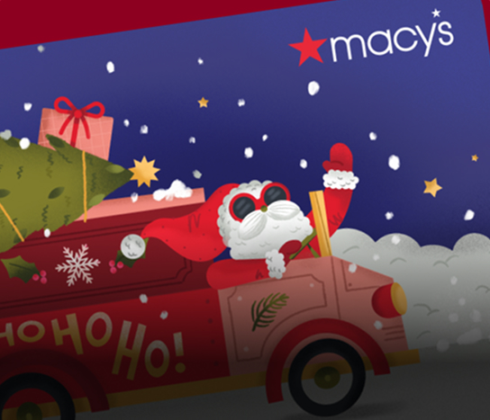 Illustration of Santa Claus driving a red truck with gifts, a Christmas tree, and Macy’s gift cards, waving as snow falls with the Macy’s logo in the background—celebrating the joy of giving this holiday season.