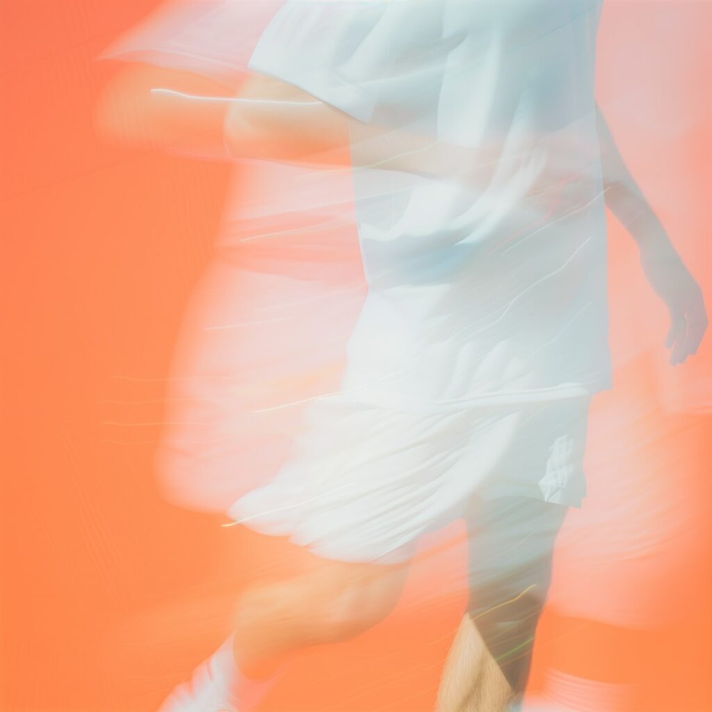 A person in white athletic clothing appears blurred in motion graphics against an orange background.