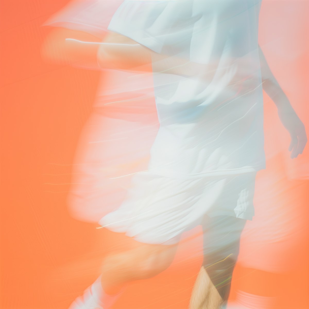 A person in white athletic clothing appears blurred in motion graphics against an orange background.