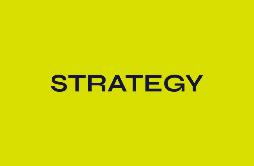 The word "STRATEGY" in bold black capital letters is centered on a solid yellow background, visually highlighting the core approach behind Content Capes.