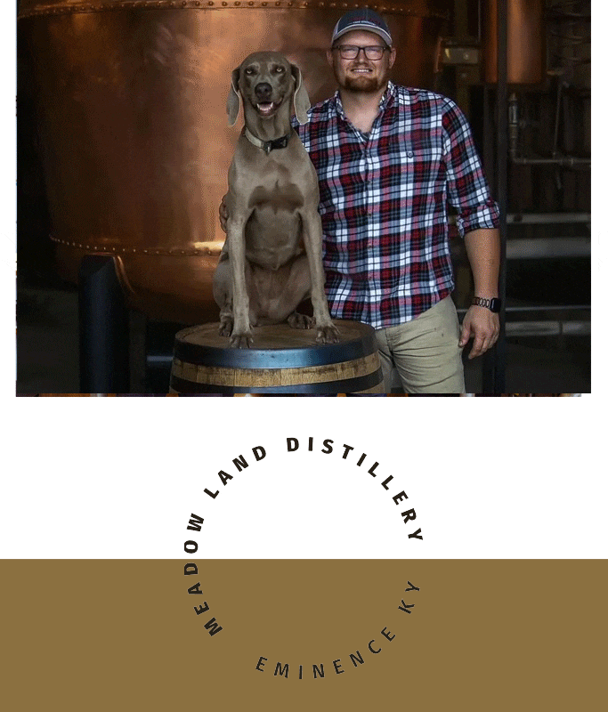A man in a plaid shirt stands next to a gray dog sitting on a barrel at Meadow Land Distillery in Eminence, Kentucky, capturing the passion behind the Meadow Lands brand.