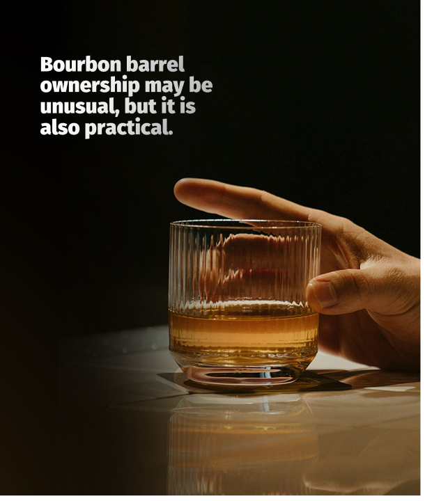 A hand holding a glass of bourbon on a table with the text, "Bourbon barrel ownership may be unusual, but it is also practical." displayed above—a statement even Content Capes would raise a glass to.
