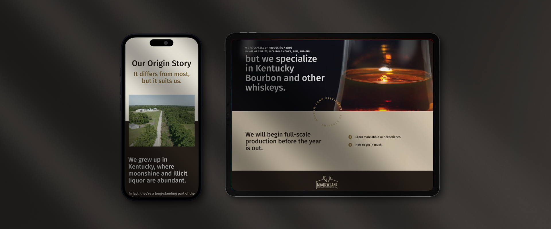 A smartphone and a tablet display a website about Kentucky Bourbon from Meadow Lands, featuring origin stories, brand distilling insights, production plans, and images of a distillery and a glass of whiskey.