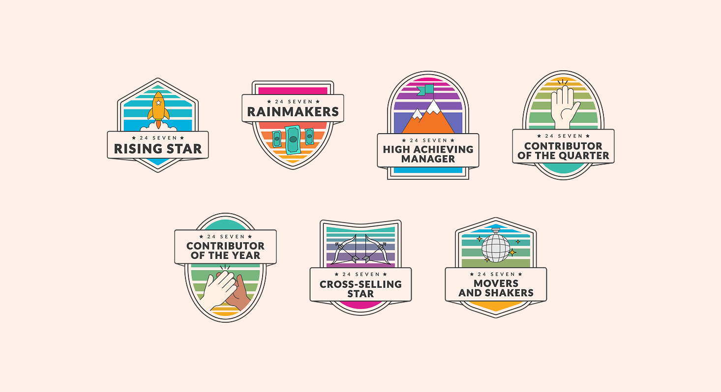Seven colorful badge-style awards for employee recognition and excellence by 24 Seven, featuring titles like Rising Star, President's Club, Contributor of the Year, Cross-Selling Star, and Movers and Shakers.