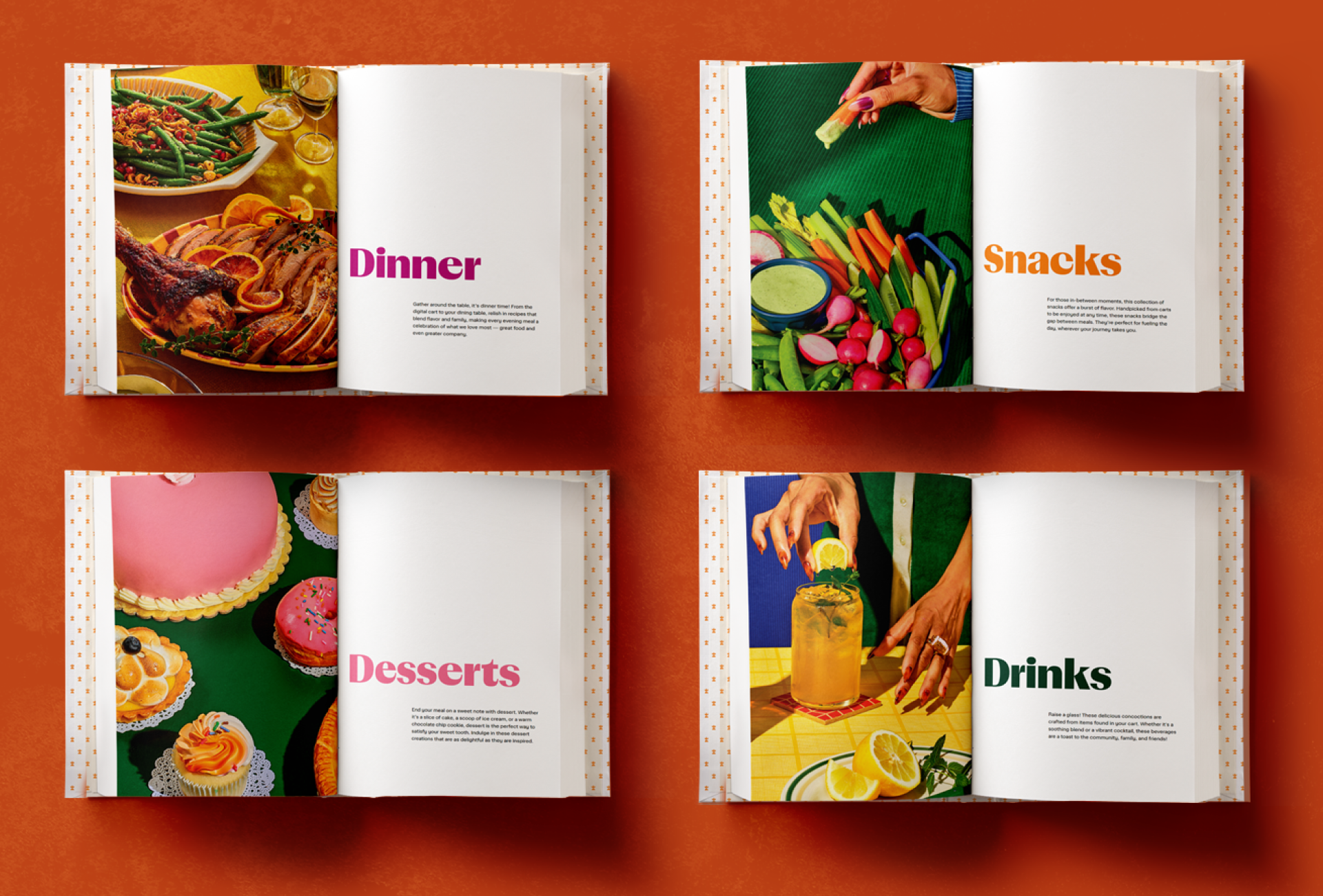 Four open cookbook pages on an orange background, each labeled: Dinner with roasted meats, Snacks with vegetables, Desserts with cakes, and Drinks with a hand holding a glass of juice.