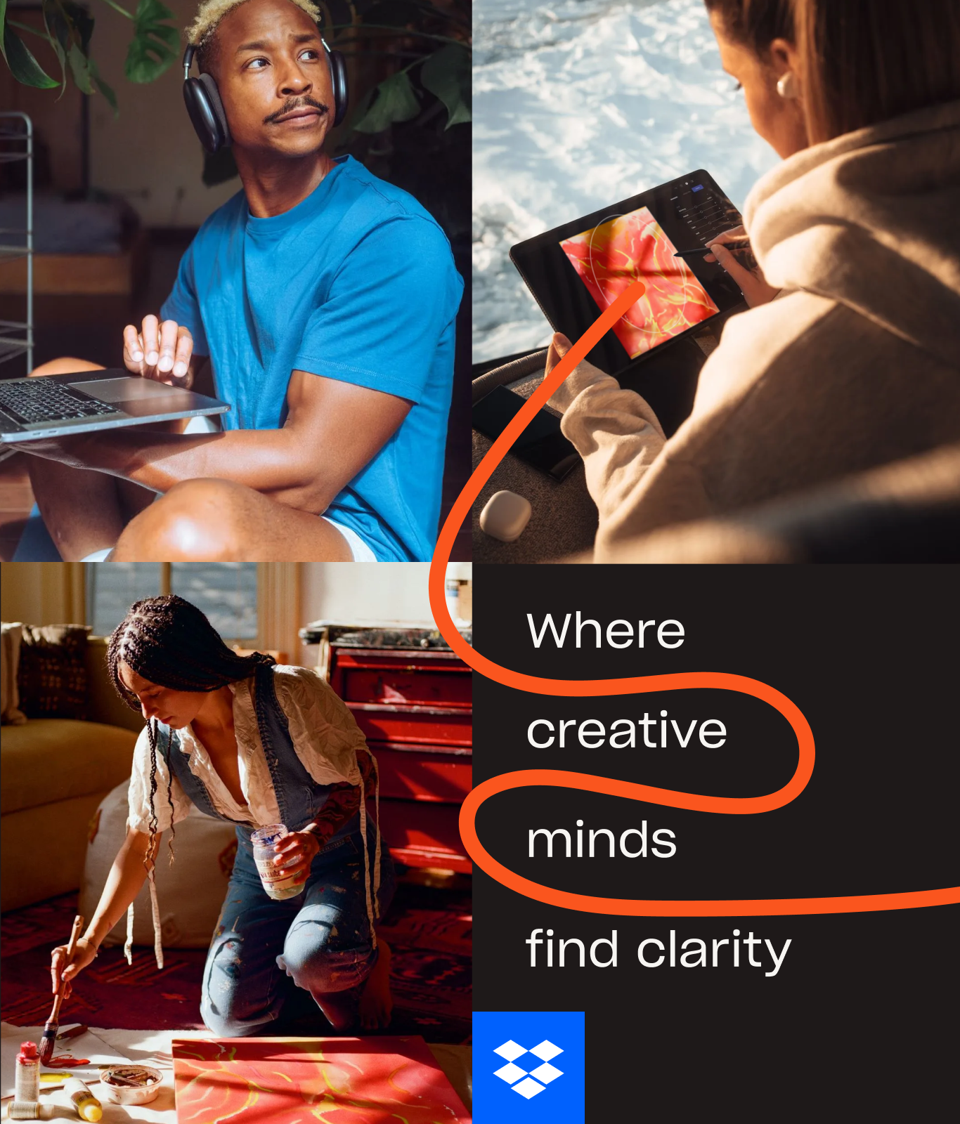 A collage shows a man on a laptop, a woman using a tablet by water, and a woman painting, with the Dropbox logo and the text "Where creative minds find clarity.