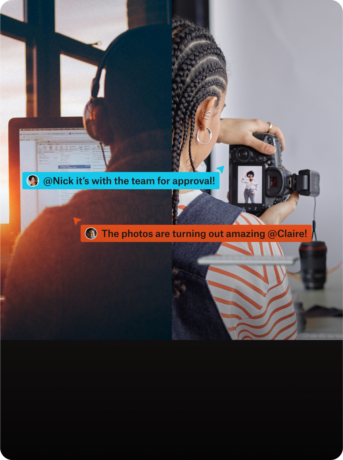 A split image shows a person working at a computer on the left and another taking photos on the right, with chat message overlays about team approval, photo quality, and Creative Minds collaborating seamlessly for clarity.