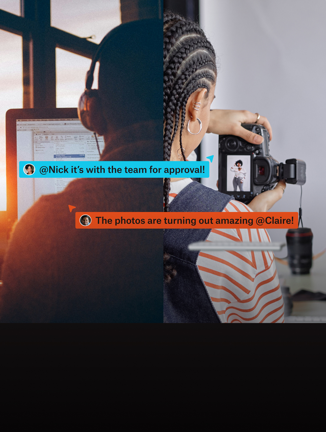 A split-screen image shows one person editing at a computer and another holding a camera, with chat messages about project approval and photo quality overlaid—highlighting how Creative Minds collaborate seamlessly with Dropbox for clarity and efficiency.