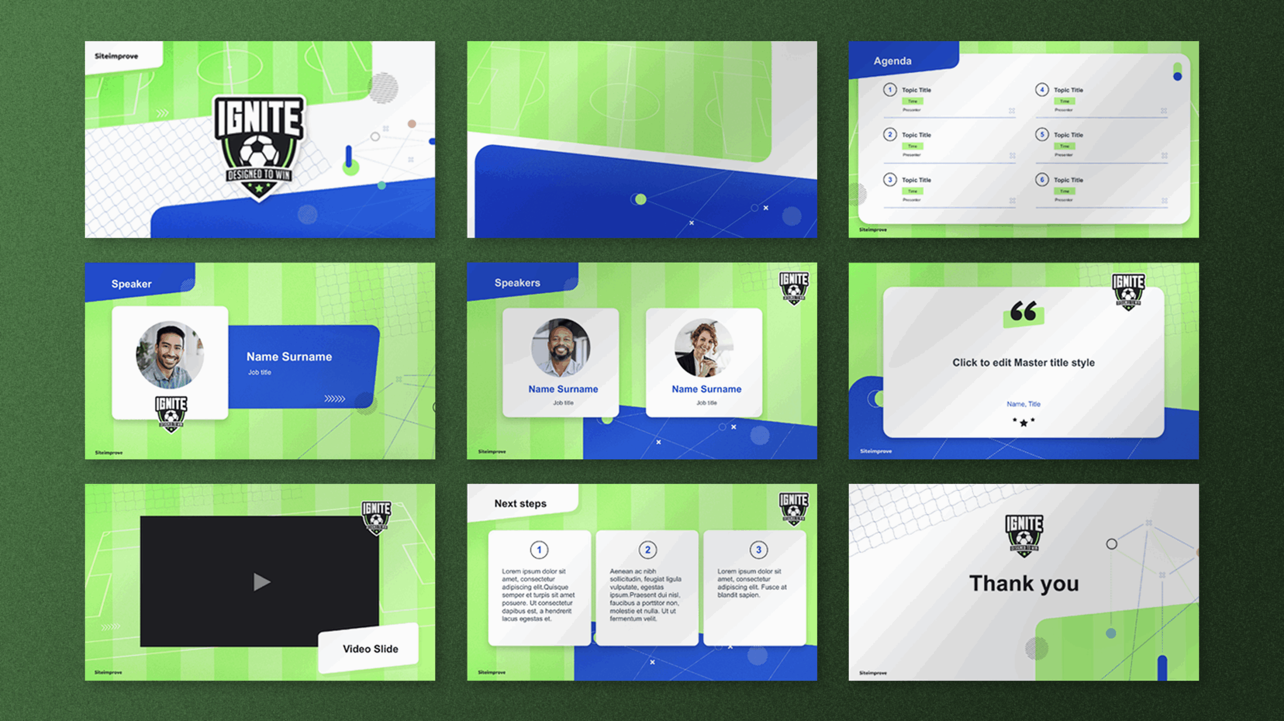 Nine-slide PowerPoint presentation with a green football theme, IGNITE logo, agenda, team spirit, speaker info, quote, video placeholder, Siteimprove highlights, next steps, and a thank you slide.