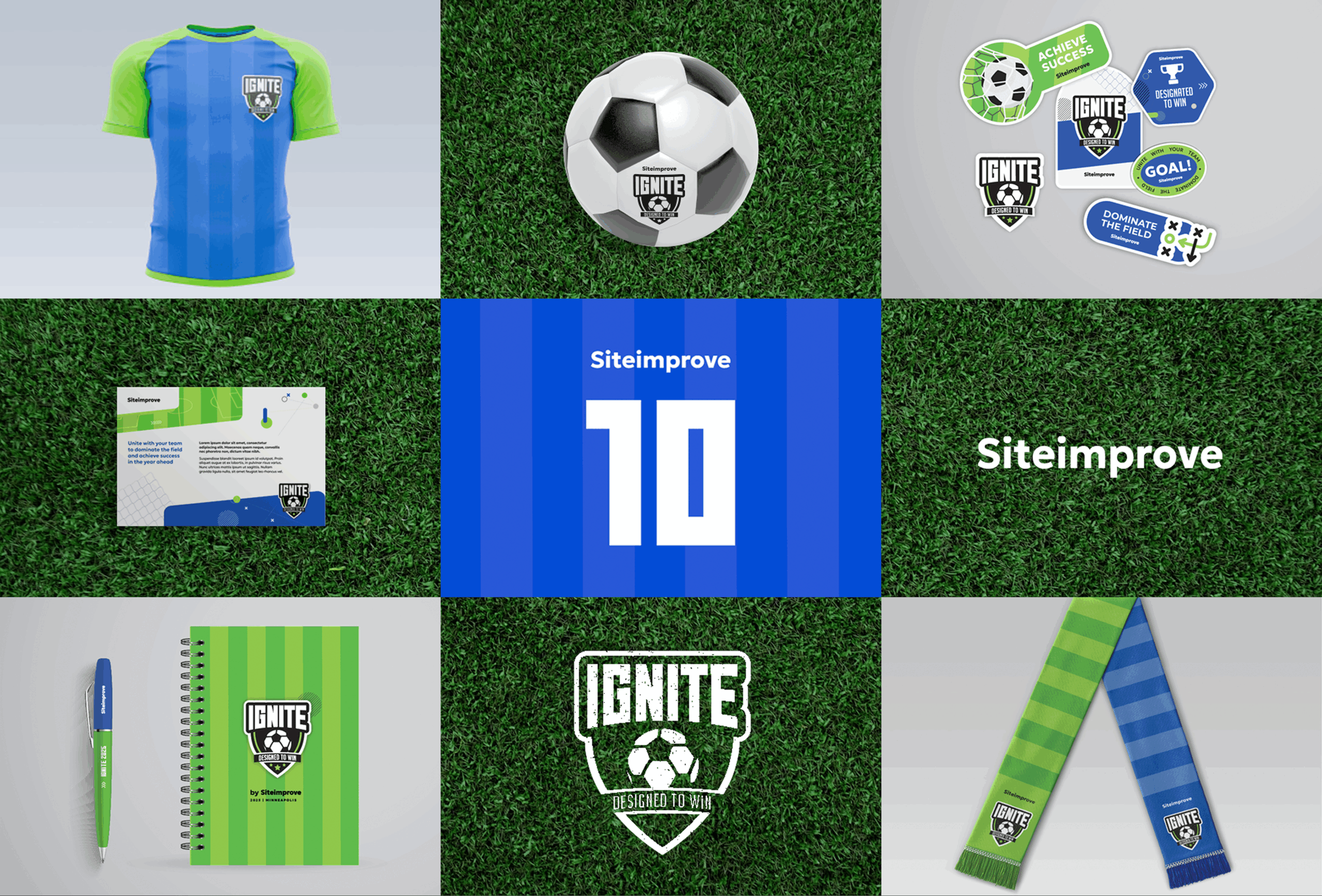 Grid of soccer-themed branded items—including a jersey, ball, stickers, business card, pen, notebook, scarf, and logos—showcasing the design and team spirit of Siteimprove with "IGNITE" featured prominently.