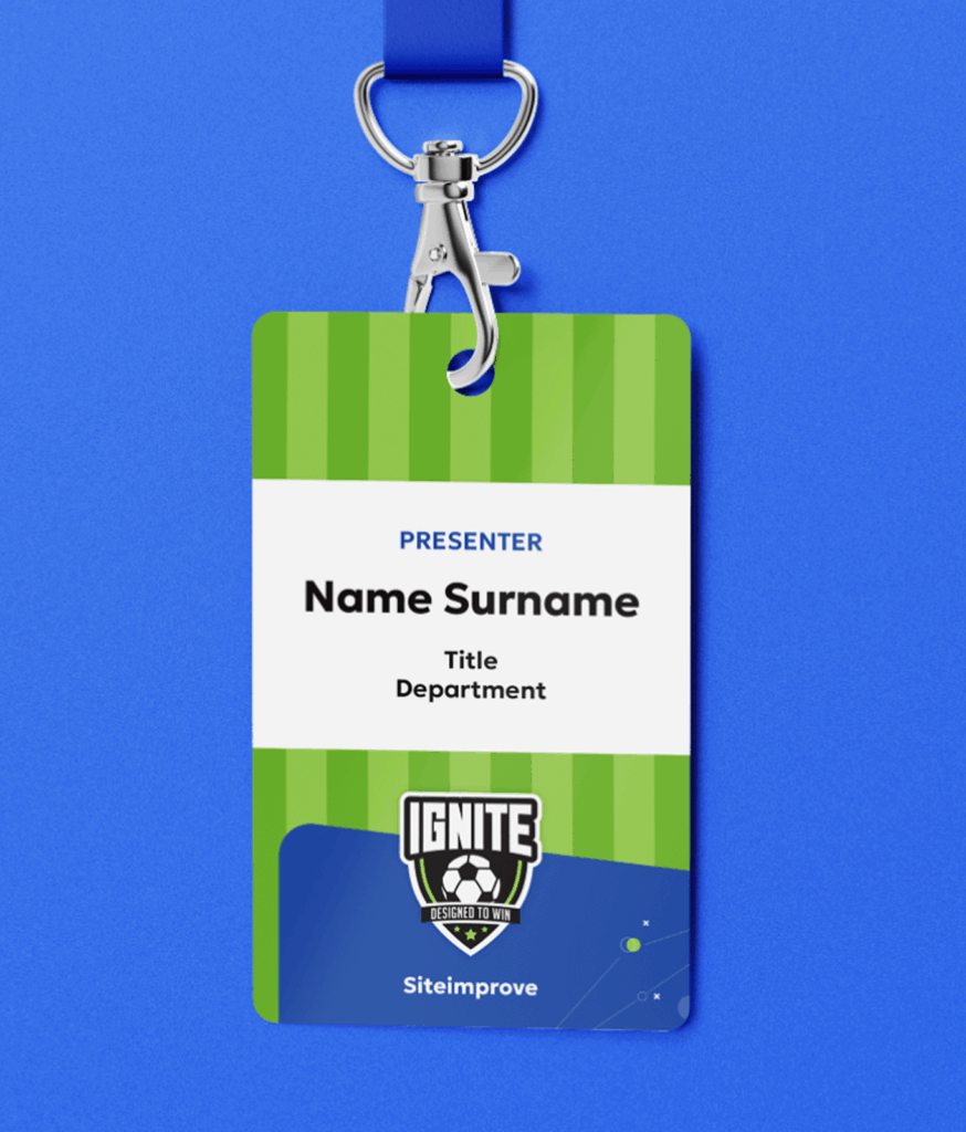 A green and blue conference badge with a lanyard, featuring a stylish design and displaying placeholders for name, title, department, plus the logos for IGNITE and Siteimprove to showcase team spirit.