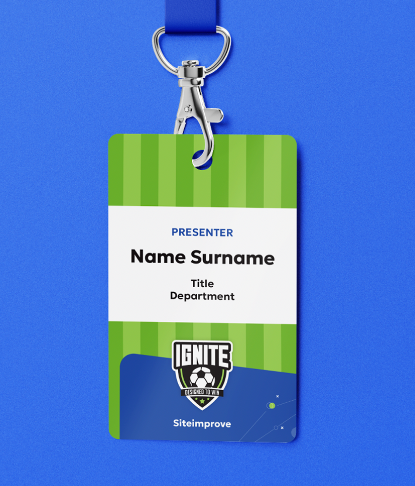 A green and blue conference badge with a lanyard, featuring a stylish design and displaying placeholders for name, title, department, plus the logos for IGNITE and Siteimprove to showcase team spirit.