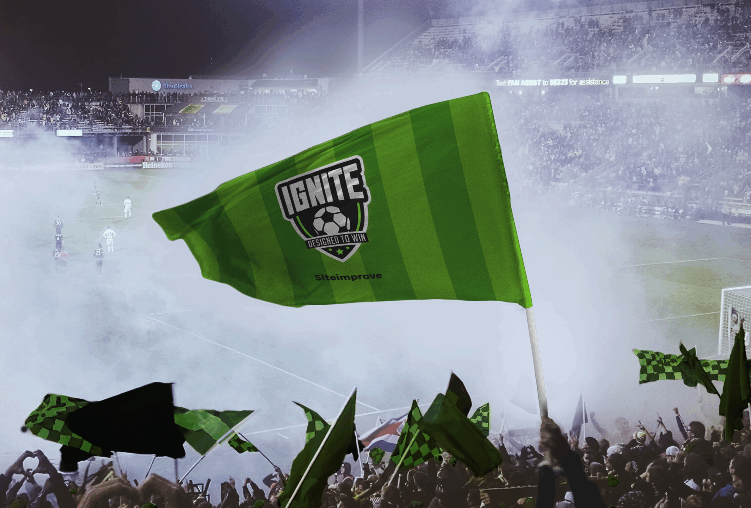 A green flag with the "IGNITE Passion 2 Win" logo and Siteimprove branding is waved by fans in a crowded, smoke-filled football stadium, showcasing team spirit during an electrifying night match.