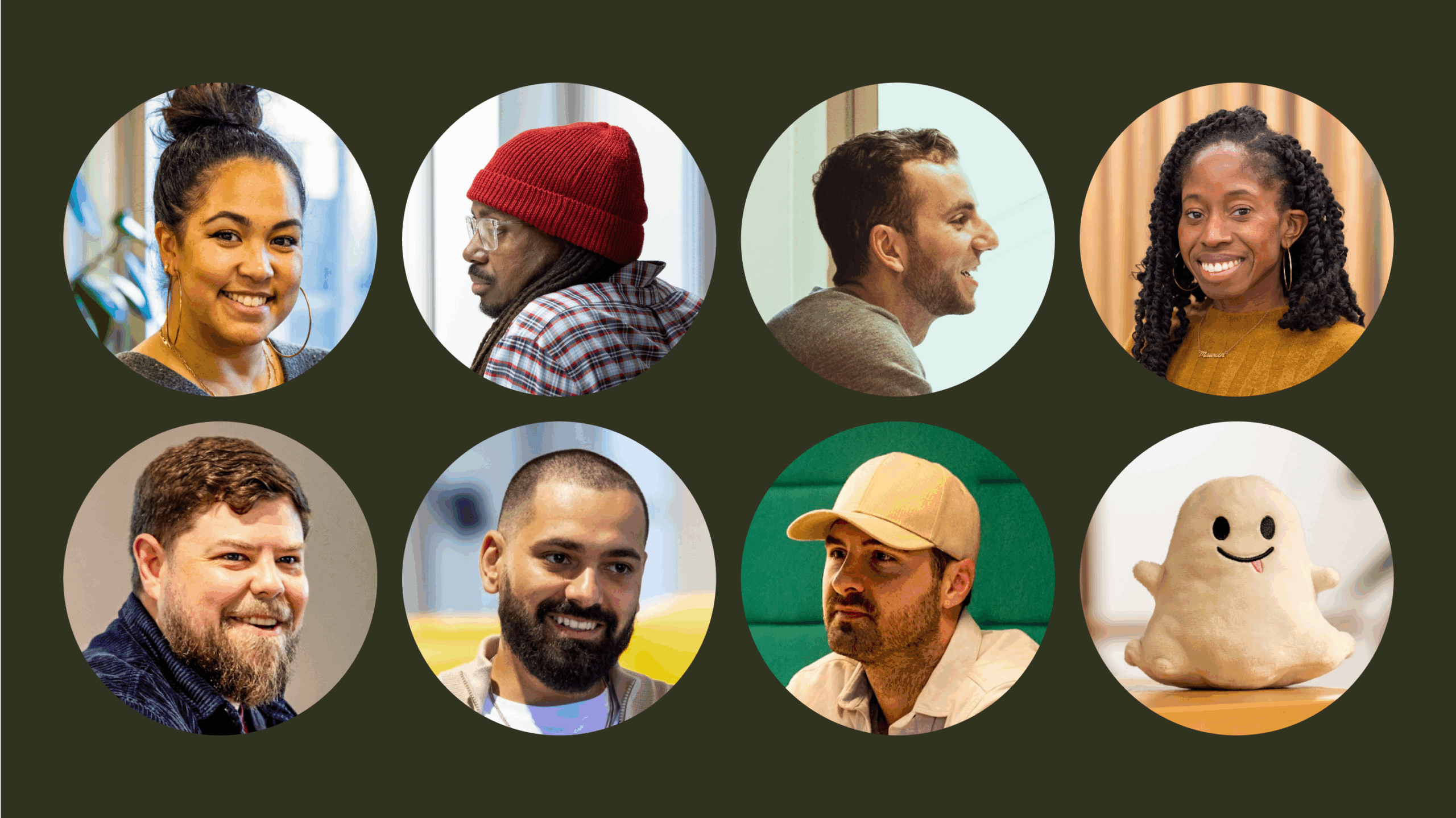 A collage of seven diverse people in circular frames and one plush toy with a smiling face, all set against a dark background—perfect for showcasing employer branding or corporate photography.