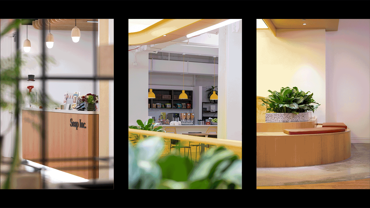 Three panels show a modern office interior with a reception desk, a dining area with pendant lights, and a seating area with plants.