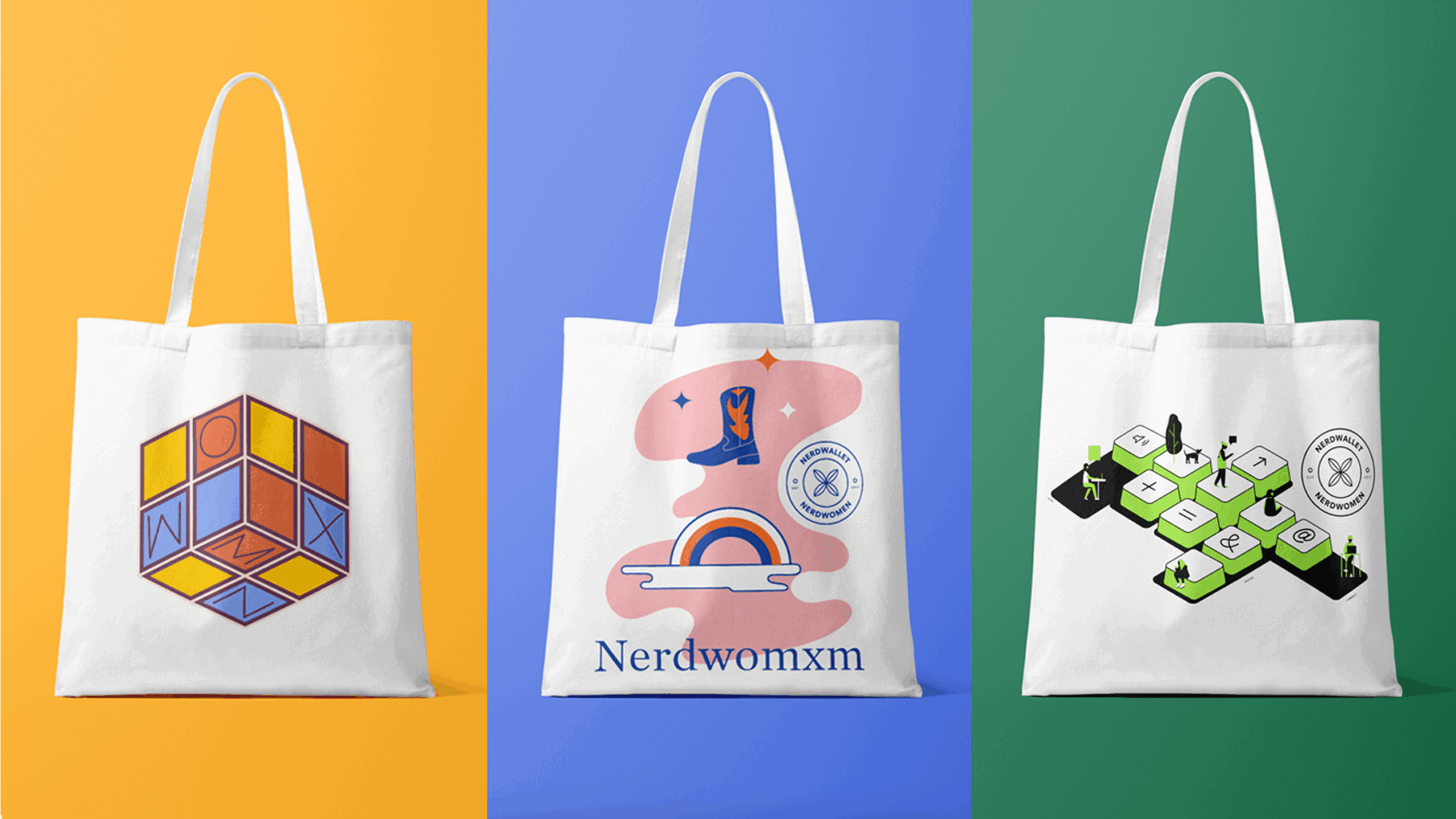 Three white tote bags with different graphic designs are displayed side by side against orange, purple, and green backgrounds, each showcasing a playful nod to finance and the human touch that defines the NerdWallet brand.