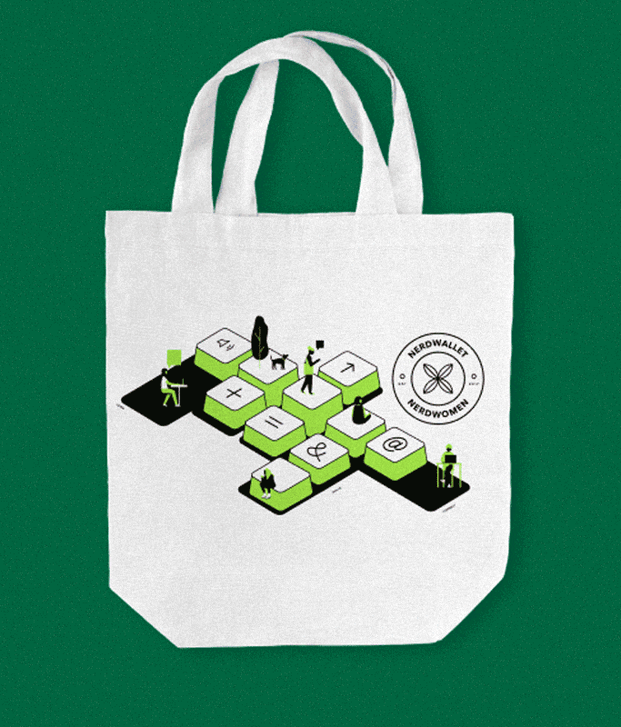 White tote bag featuring a geometric illustration of people on green and gray blocks, a circular "NerdWallet NerdWomen" logo on the right, and a solid green background—perfect for anyone passionate about finance and the human side of success.