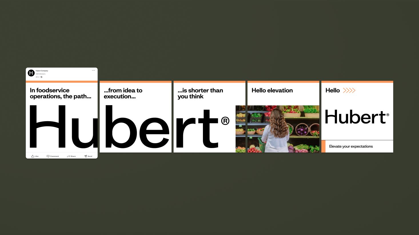 A sequence of five panels featuring the name "Hubert," marketing phrases, and a woman facing a grocery produce section—highlighting finance tips inspired by NerdWallet.