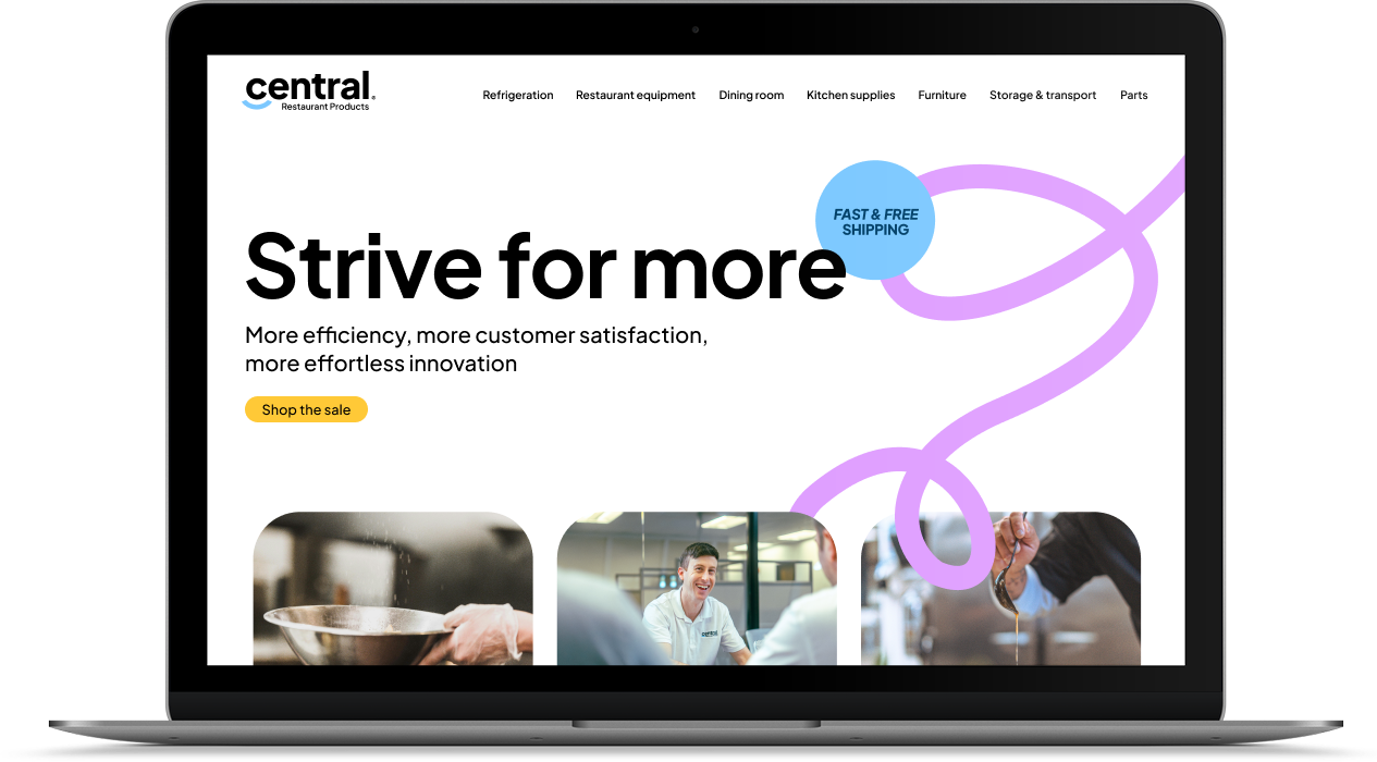 A laptop displays the Central Restaurant Products website homepage with the headline "Strive for more" and a call-to-action button for a sale.