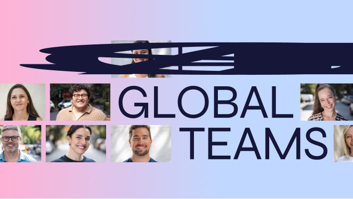 A collage of diverse headshots surrounds the bold text "GLOBAL TEAMS" on a pink and blue gradient background, with part of the top text scribbled out—perfect for an Agency of Record showcasing its international reach.