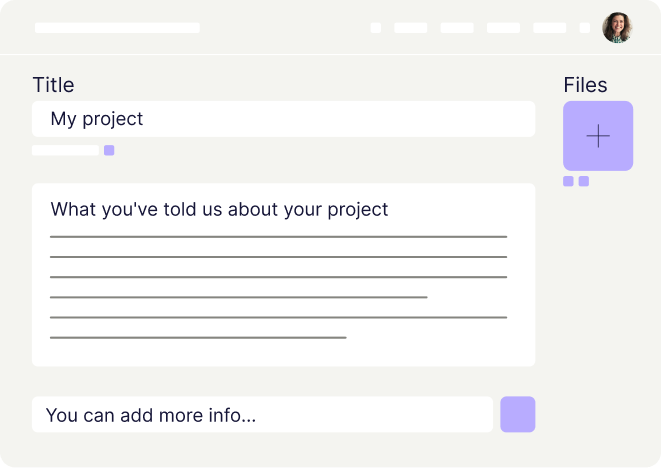 A digital form with fields for project title, project details, file upload, and an additional info box—perfect for Agency of Record submissions; a profile picture appears in the top right corner.