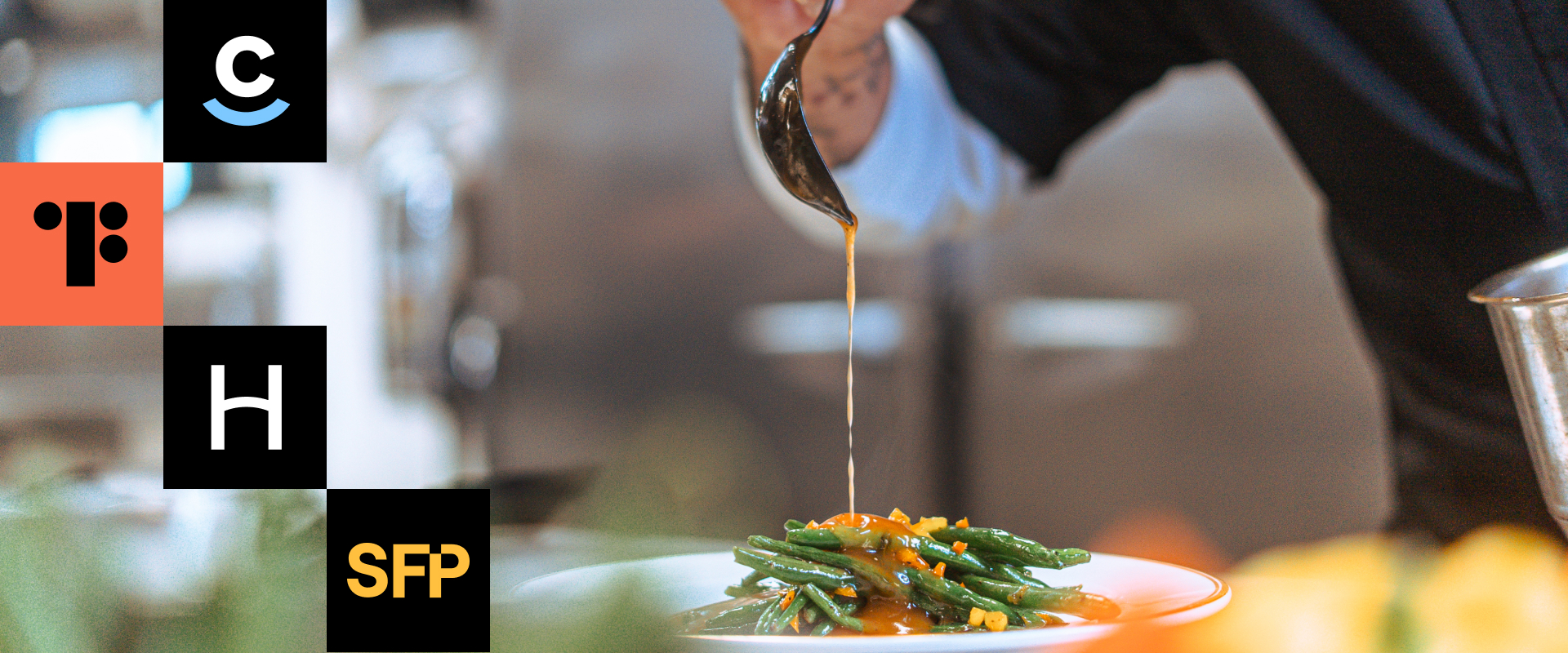 A chef drizzles sauce over a plate of green beans, showcasing culinary creativity. On the left, four black squares feature white and orange logos representing leading brands for TAKKT Foodservices.