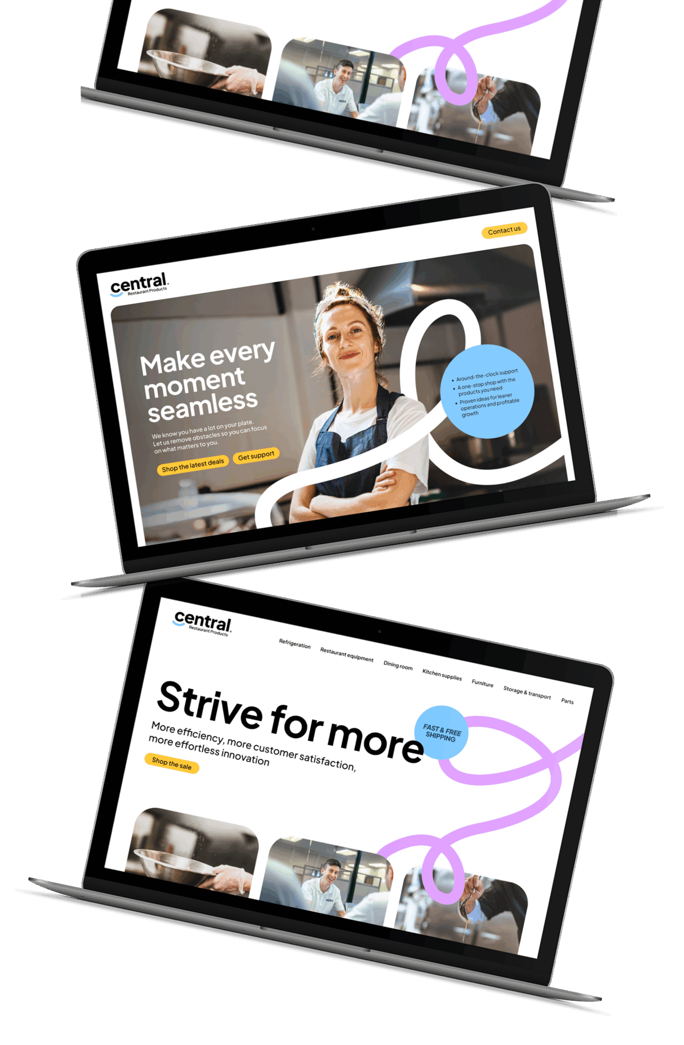 Three laptop screens display sections of an Agency of Record website featuring business-related content, bold headlines, and images of people in professional settings, overlaid with colorful graphic elements.