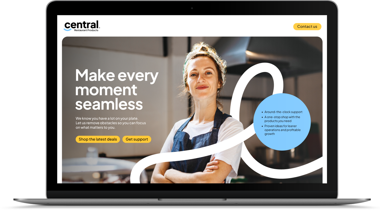 A woman in an apron stands confidently with arms crossed on a laptop screen displaying a website for Central Restaurant Products. Text promotes seamless service and support options.