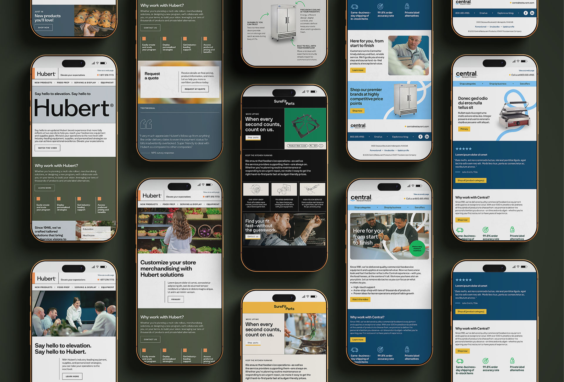 A collection of smartphones displaying various finance and business-related website homepages, including NerdWallet, arranged neatly on a dark surface for a sleek and human touch.