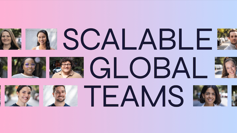 Collage of diverse team members' headshots surrounding the bold text "Scalable Global Teams" and highlighting your trusted Agency of Record on a pink and blue gradient background.