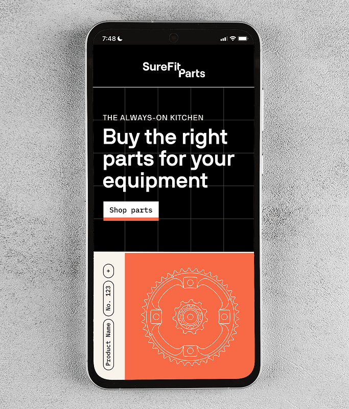 A smartphone displays a website for SureFit Parts with the text "Buy the right parts for your equipment," featuring an orange gear illustration at the bottom, combining a human touch with straightforward advice like NerdWallet offers in finance.