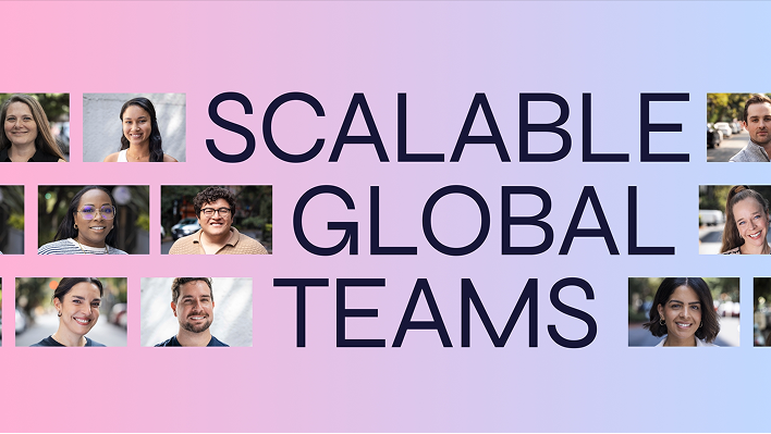 A collage of diverse people’s headshots surrounds the large text “Scalable Global Teams,” highlighting Agency of Record expertise on a pink and blue gradient background.