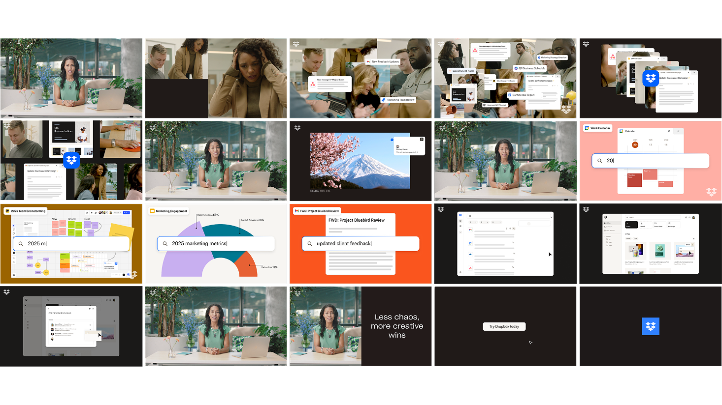 A collage of screenshots shows people working on laptops, digital notifications, Dropbox Dash, charts, user interfaces, and the Dropbox logo, highlighting collaboration and productivity tools amid creative chaos.