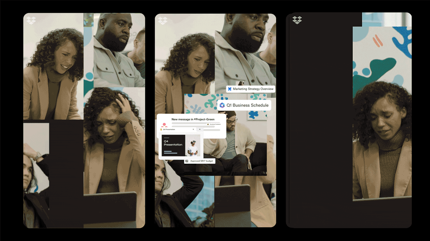 A woman appears stressed while working on a laptop amid creative chaos, with a man sitting nearby; multiple digital notifications and schedules, including Dropbox Dash alerts, overlay the scene.