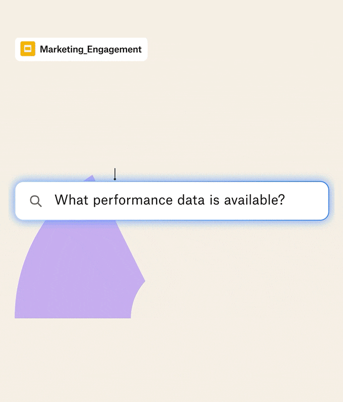 A search bar powered by Dropbox Dash displays the query "What performance data is available?" under a label reading "Marketing_Engagement" on a beige background with purple abstract shapes, capturing a sense of creative chaos.