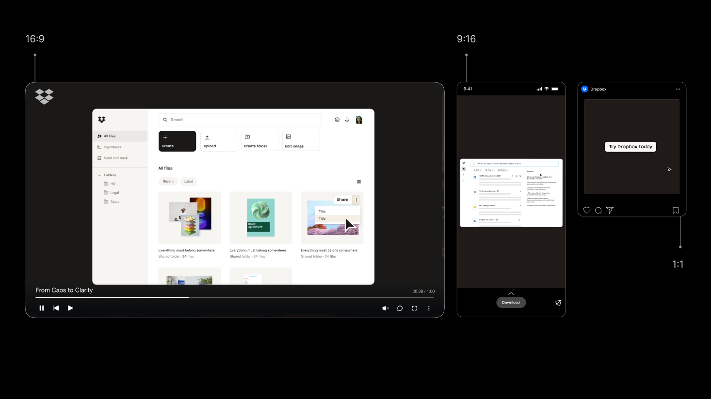 A comparison of three device screen ratios—16:9, 9:16, and 1:1—each displaying different Dropbox Dash user interface layouts on dark backgrounds, highlighting how creative chaos can shape digital experiences.