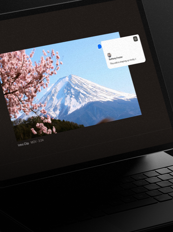 A laptop screen displays a video of cherry blossoms with a snow-capped mountain in the background, while an on-screen Dropbox Dash notification appears in the upper right corner.
