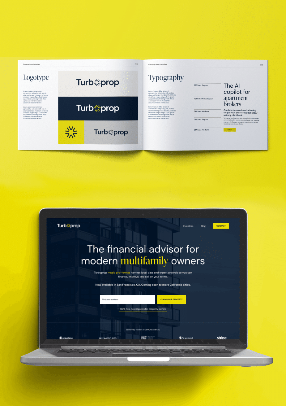 Open brand guidelines booklet and a laptop displaying a financial advisor website V4, both set against a solid yellow background.